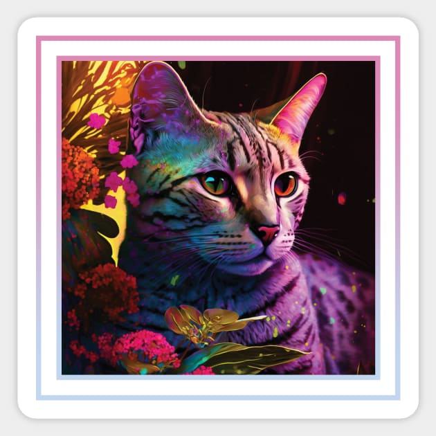 Cuddly Egyptian Mau Cat Floral Vibrant Tropical Digital Oil Painting Portrait Sticker by ArtHouseFlunky